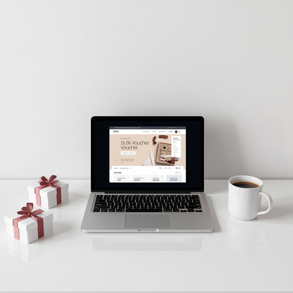 Modern minimalist workspace setup with a laptop displaying discount vouchers and a coffee cup, surrounded by small gift boxes with ribbon decorations on a clean white desk